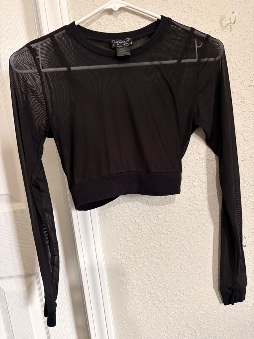 Midnight Muse Black Sheer Long-Sleeve Crop Top - Mesh Overlay
